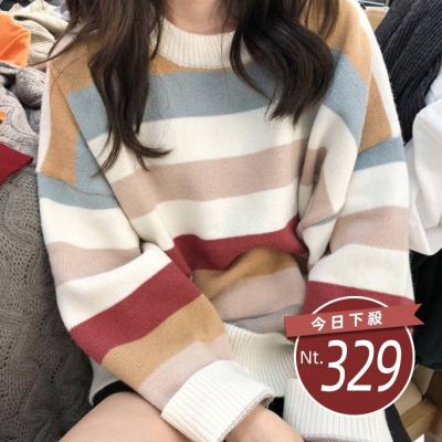 【台灣發貨】秋冬韓版網紅慵懶寬鬆甜美條紋長袖上衣 長袖上衣 長袖t恤 衣服 女裝 上衣【W124】
