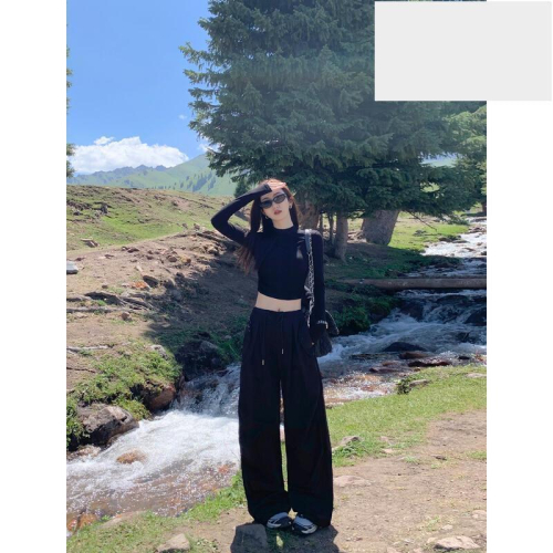 muln 黑色美式闊腿工裝褲女2023秋休閒直筒運動褲抽繩拖地長褲