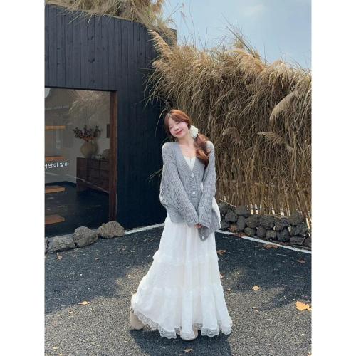 【 ♡ Pink room♡ 】甜美套裝寬松V領針織開衫女秋冬高腰蕾絲邊半身裙兩件套