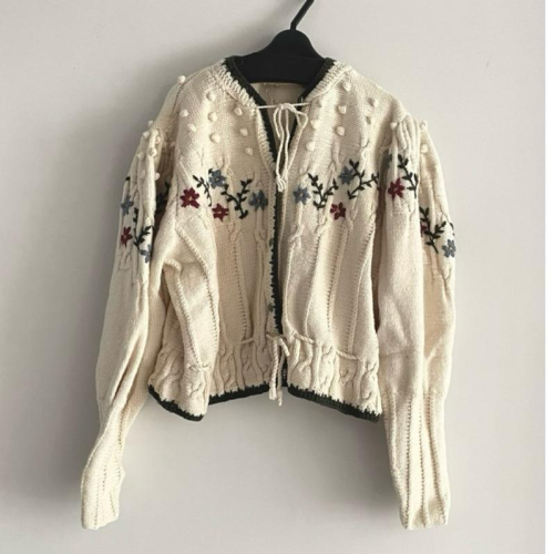 德製薔薇刺繡棉毛復古純手工古著Vintage浪漫毛衣外套奶油色墨綠滾邊高級定製品質珍稀絕版蓬蓬袖袖口高收束瑞士德國風格