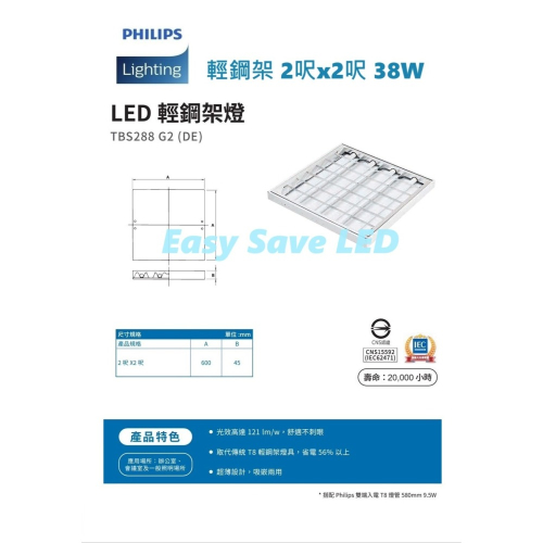 含稅 PHILIPS 飛利浦 LED 輕鋼架燈 TBS288 含飛利浦雙端燈管 38W (黃光/自然光/白光) 全電壓