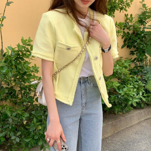 DearGod正韓女裝韓國chic粗紡短款開衫小外套女2022新款夏季小香風薄款設計感上衣