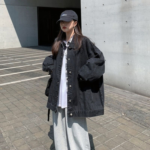 超颯炸街自制秋冬 黑色牛仔外套女寬松復古百搭bf男友風上衣