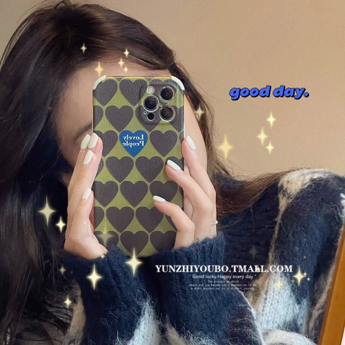 ins軍綠色愛心適用iphone12pro max蘋果11手機殼iphonex皮紋軟殼xsmax個性xr日韓8plus女