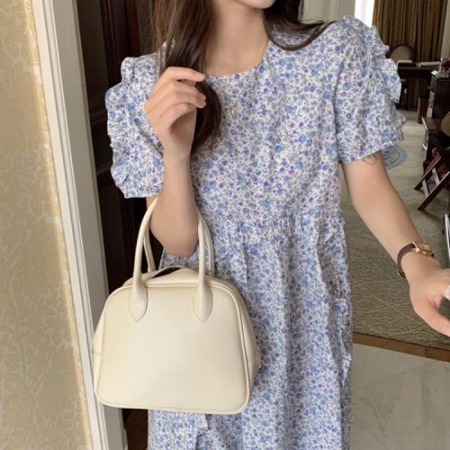 DearGod正韓女裝小清新減齡碎花甜美泡泡袖寬松連身裙女夏季仙女裙中長款雪紡裙
