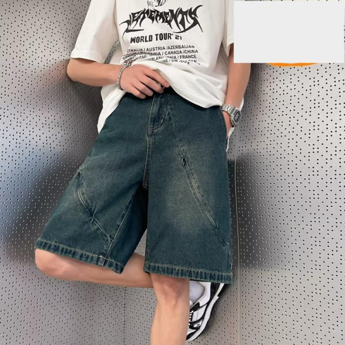 2023新款高級感藍色牛仔短褲男美式復古五分褲寬鬆直筒破洞褲
