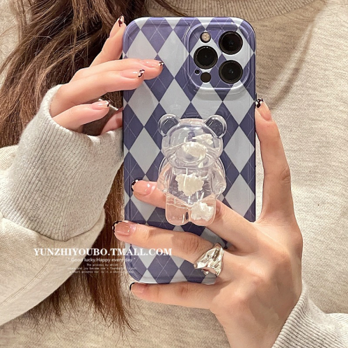 ins菱格雲朵水晶熊支架適用iphone13/12pro max蘋果11手機殼iphonex硅膠xsmax軟x/xr日韓
