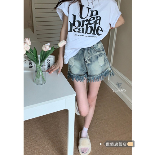 復古熱辣牛仔短褲女夏2022新款高腰設計感寬松大碼褲子高街ins潮