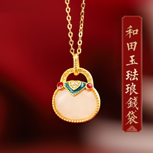 S925銀鍍古法金仿和田白玉琺瑯鎖骨包包鎖吊墜祈福好運招財項鏈女