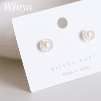 【Winya 韓國飾品 現貨 】正韓 全純銀 天然珍珠貝殼 耳環 耳夾