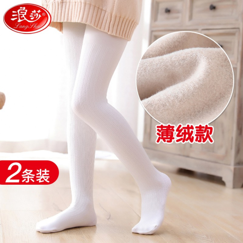 浪莎秋冬薄絨款兒童連褲襪女童打底褲襪中大童白色舞蹈襪加絨加厚