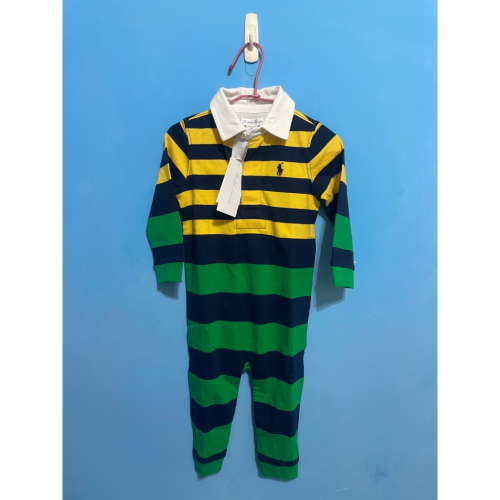 全新 12m Ralph Lauren polo 彩色小馬綠黃藍條紋長袖連身衣