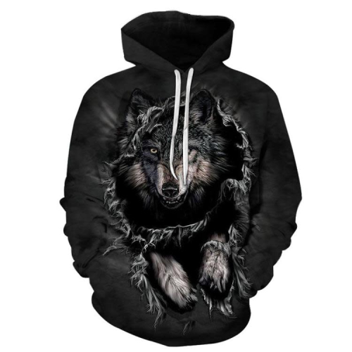 2023春秋情侶裝新款時尚黑狼3D數碼印花帶帽衛衣一件代髮