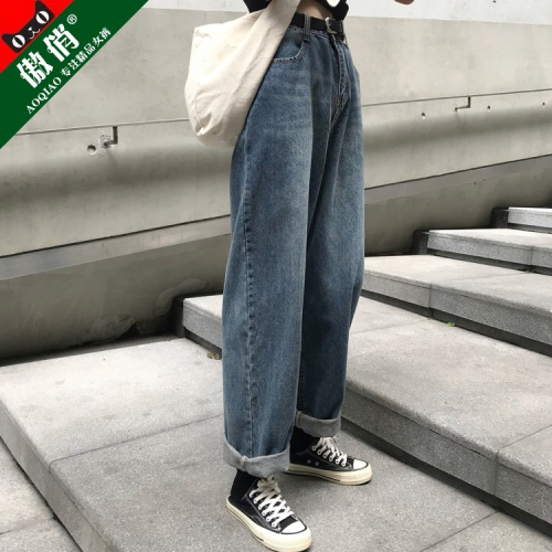 秋季大碼胖妹妹闊腿褲女高腰顯瘦直筒寬松bf女士牛仔褲泫雅老爹褲