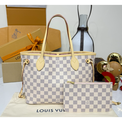二手LV/女包 Neverfull 白色棋盤格紋單肩子母包