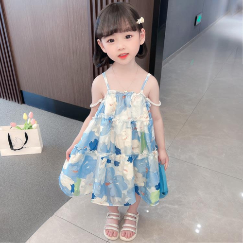 寶貝童裝女童夏裝連身裙夏季正韓洋氣時髦女寶寶碎花珍珠吊帶裙兒童裙子洋裝夏