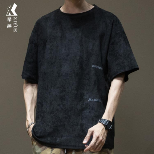短袖T恤 麂皮絨t恤男感2023夏季新款男生衣服男士潮牌男裝上衣潮
