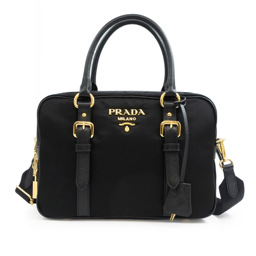 【PRADA 普拉達】PRADA 金字 尼龍手提/肩背包 (黑) __DVSHOP 保證正貨 台灣現貨不用等